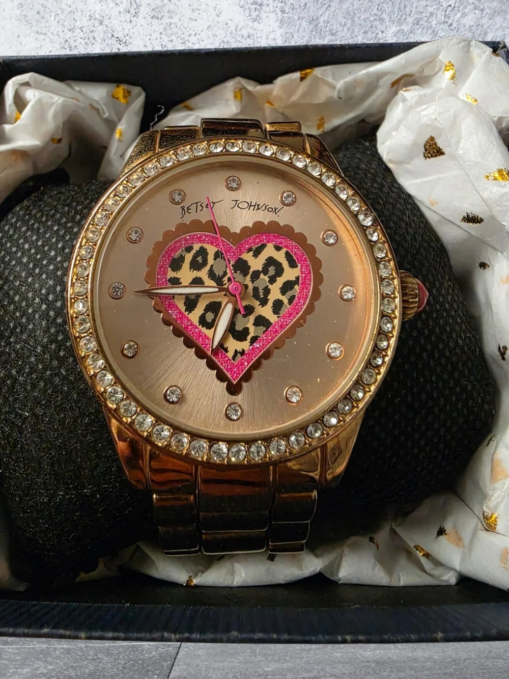 Betsey Johnson Rose Gold Watch with Pink Leopard Heart and Crystal Accents